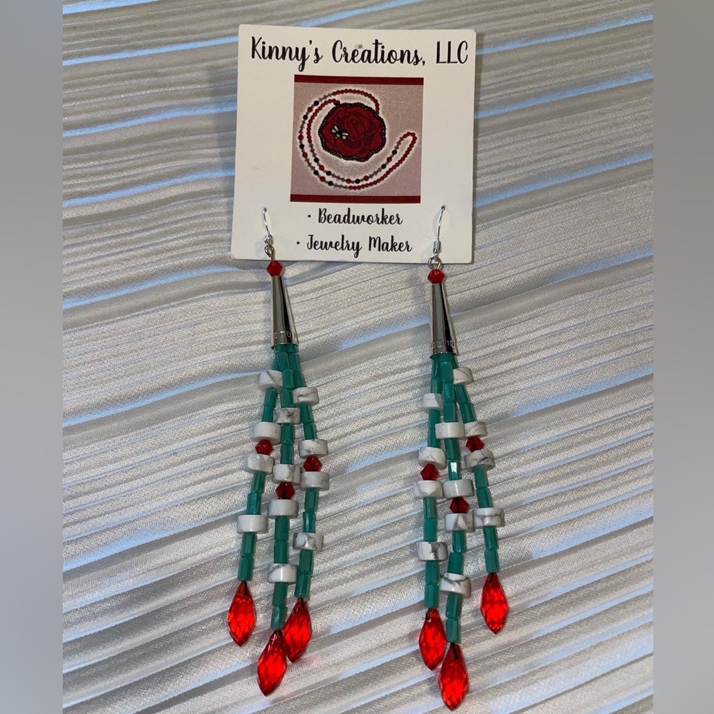 Native American jewelry - beaded dangly earrings - stone and glass beads